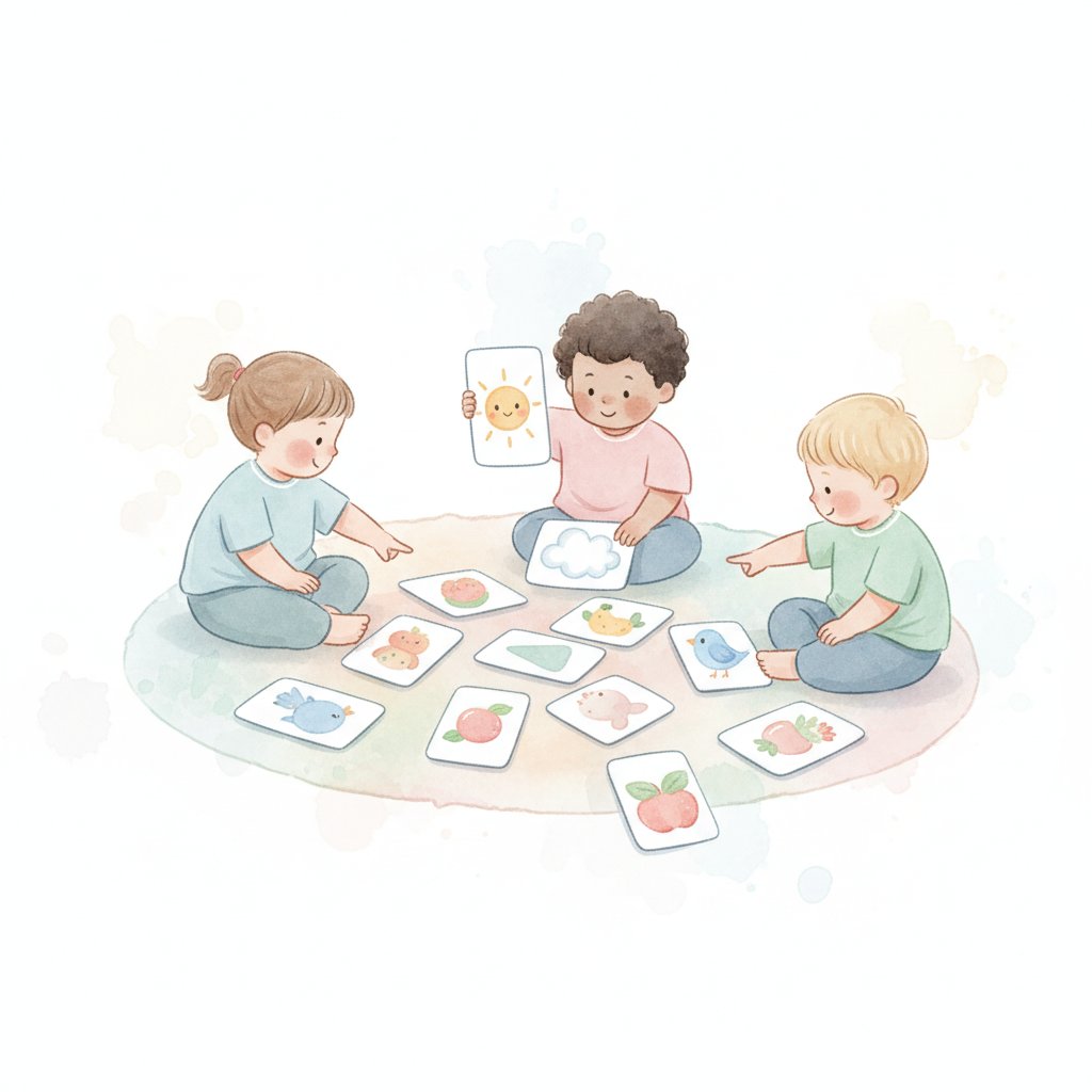 A small group of young children gathered around picture cards on the floor, pointing and choosing, soft watercolor