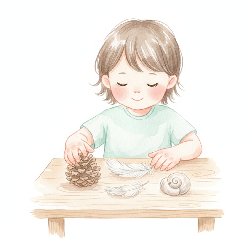 Watercolor illustration of a child with closed eyes exploring textured objects with their hands