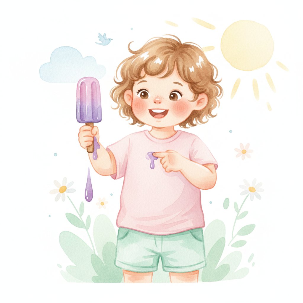 Toddler holding a purple grape popsicle pointing at the purple drip