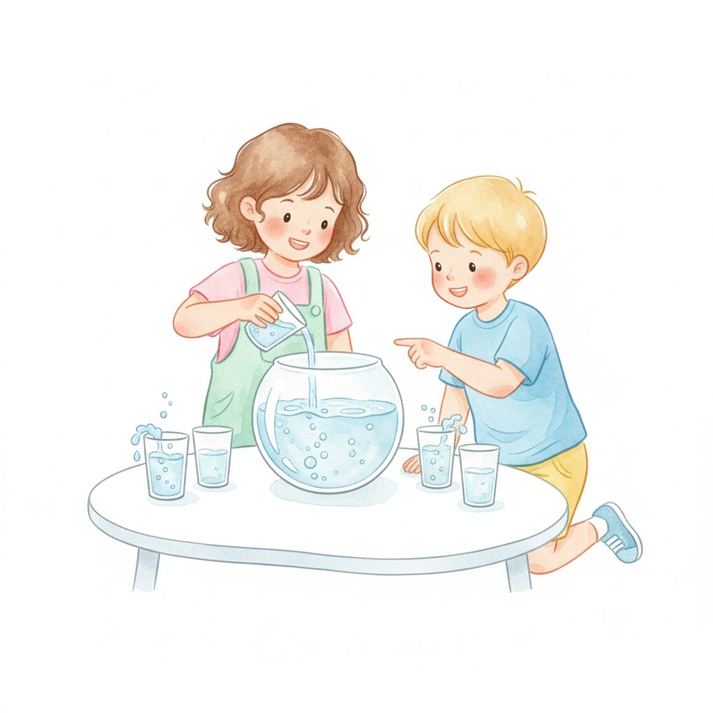Children exploring water science with cups and a small fish bowl