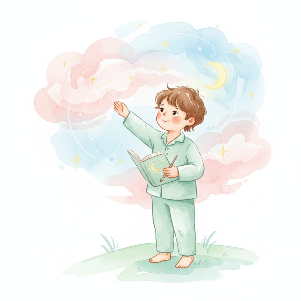 A child counting stars and drawing the moon in a journal at night