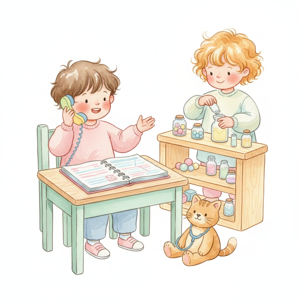 Watercolor illustration of children playing pet-clinic receptionist with a toy phone and appointment book and a pharmacy station