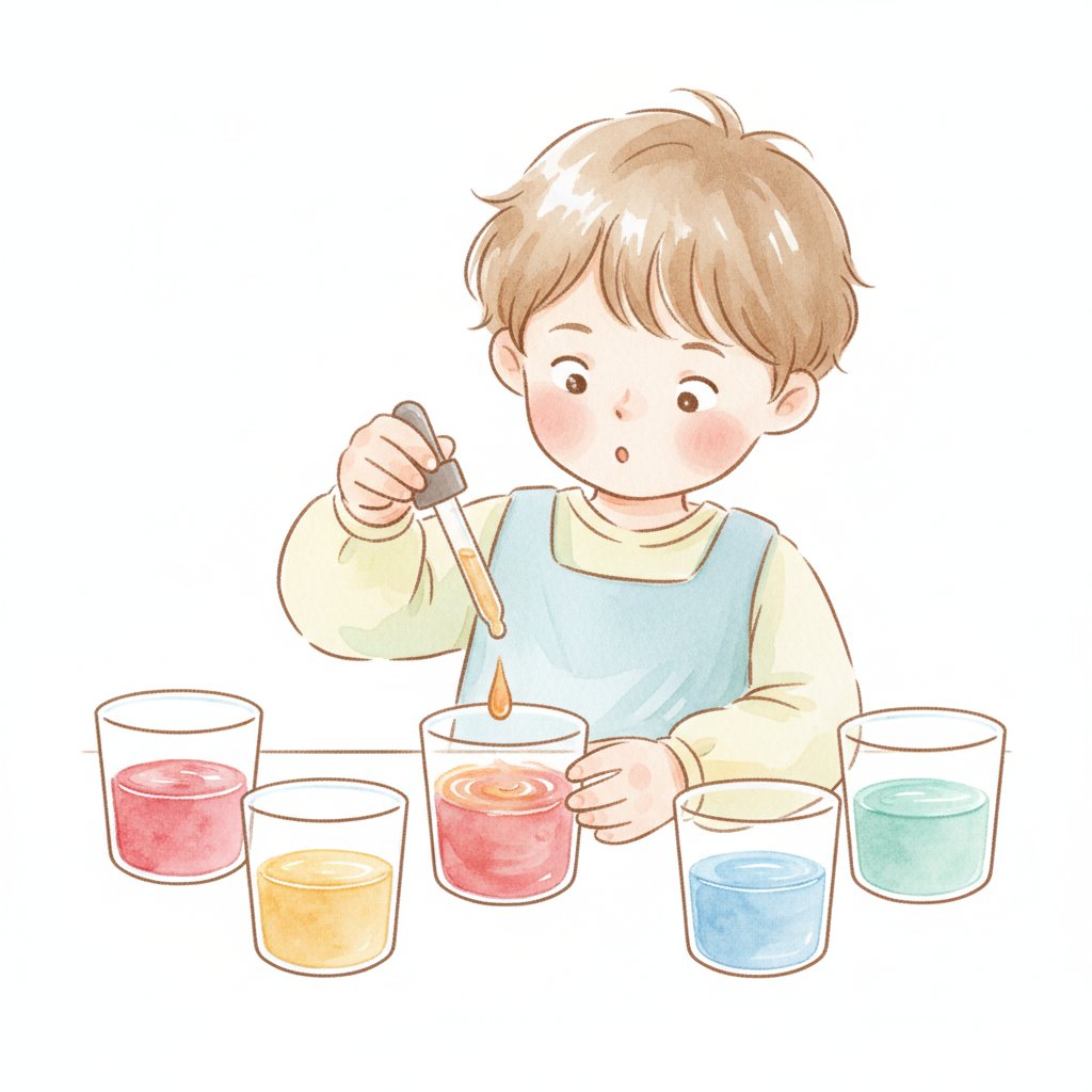 Child mixing red and yellow water in clear cups to discover orange