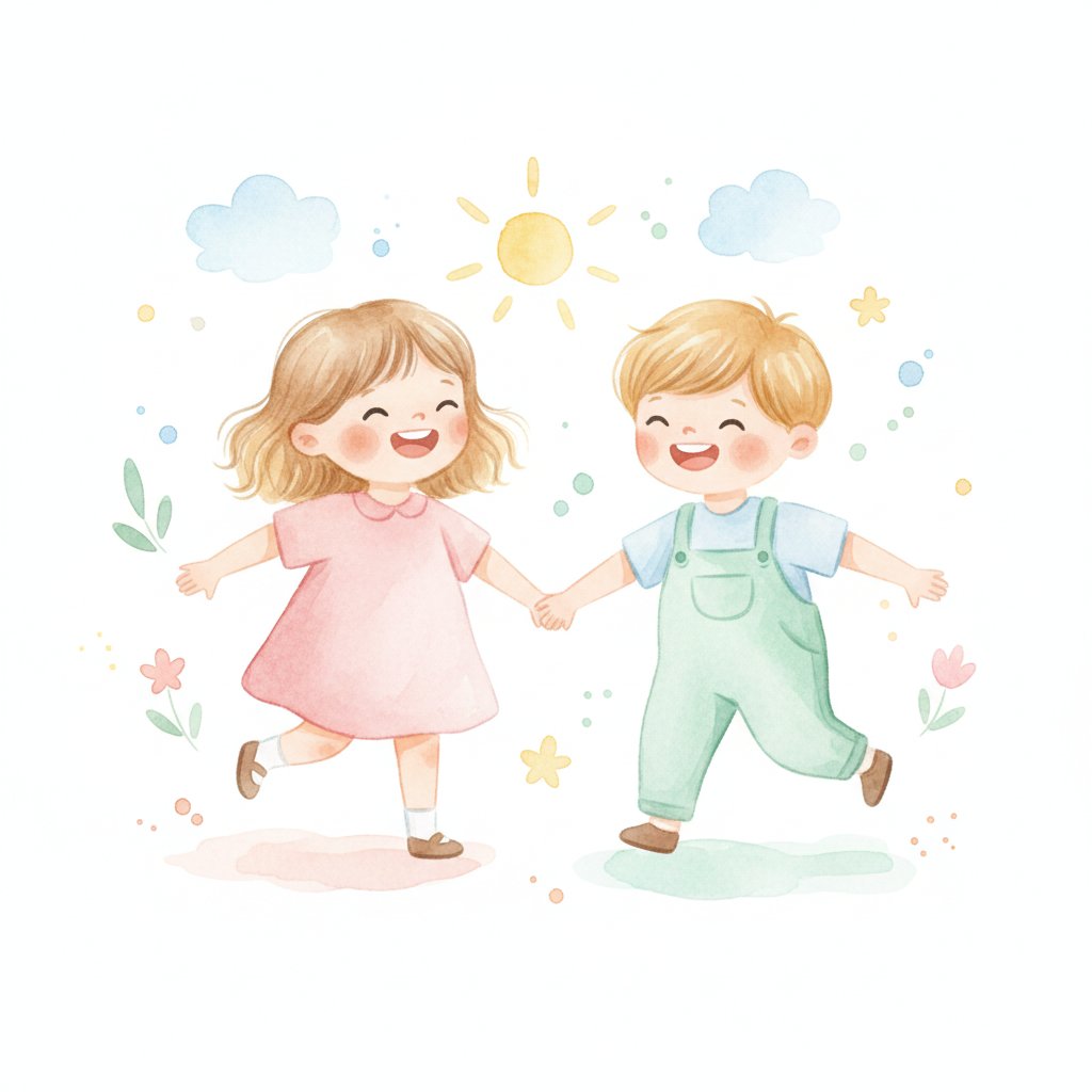 Two happy young friends playing together and holding hands