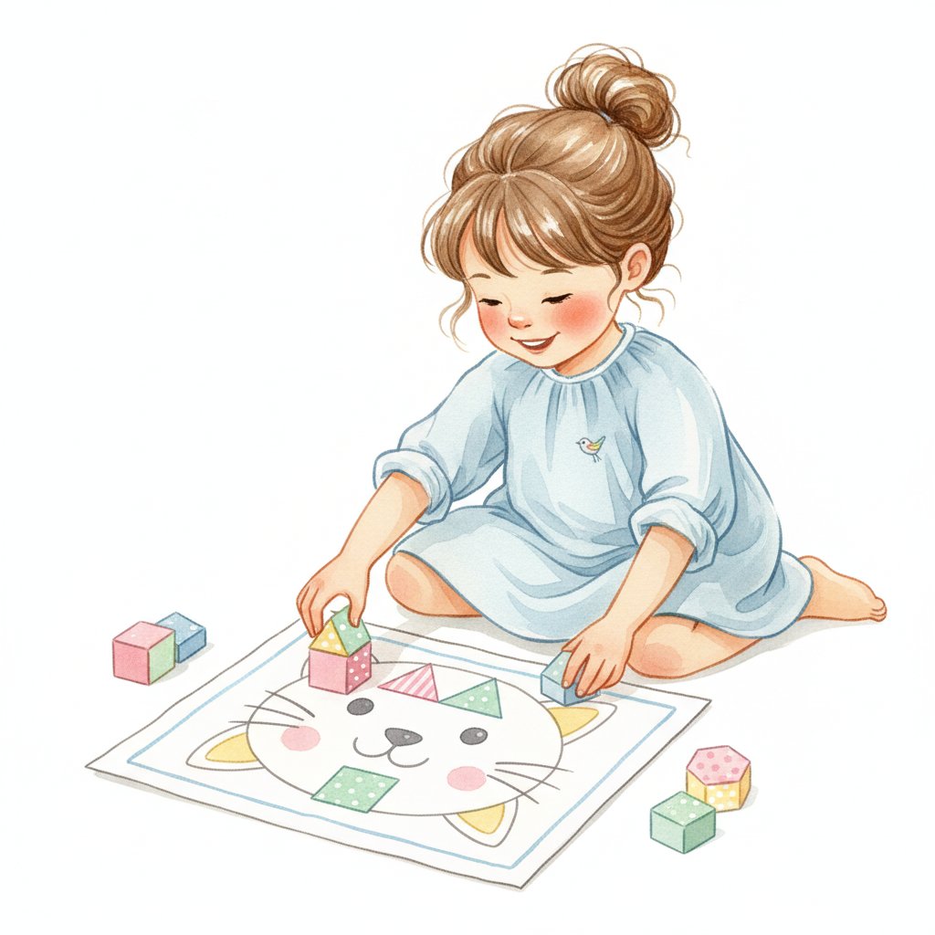 Watercolor illustration of a child completing a printed cat picture mat with pattern blocks