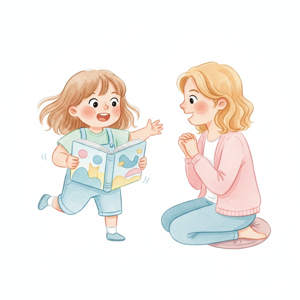 A child retelling a story with a picture book to a teacher