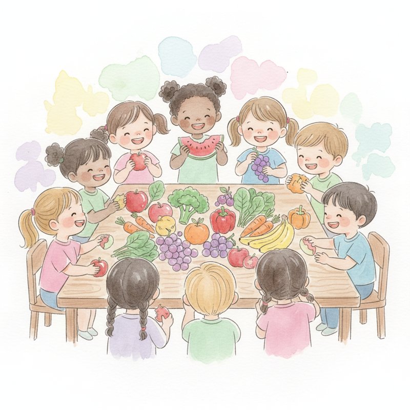 Watercolor illustration of preschoolers gathered around a table of colorful fruits and vegetables