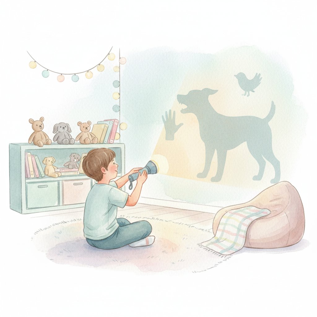 Watercolor illustration of a child making shadow puppets on a wall with a flashlight