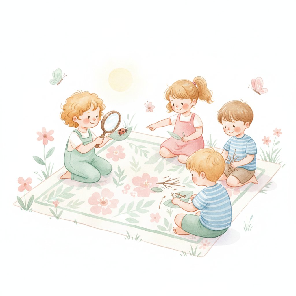 Young children exploring nature outdoors with a magnifying glass in summer