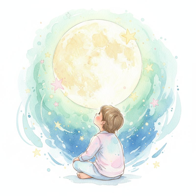 Child gazing up at the moon and stars in wonder