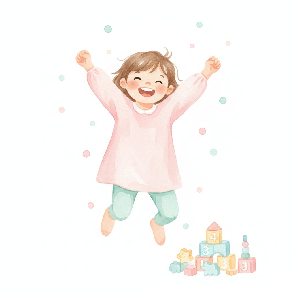 A joyful child jumping in triumph beside a pile of colorful counting toys