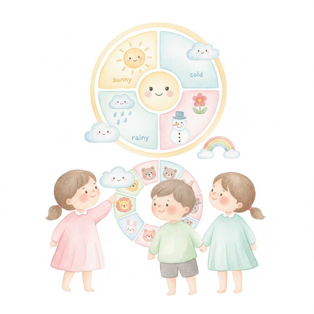Children looking at a friendly weather and calendar display together