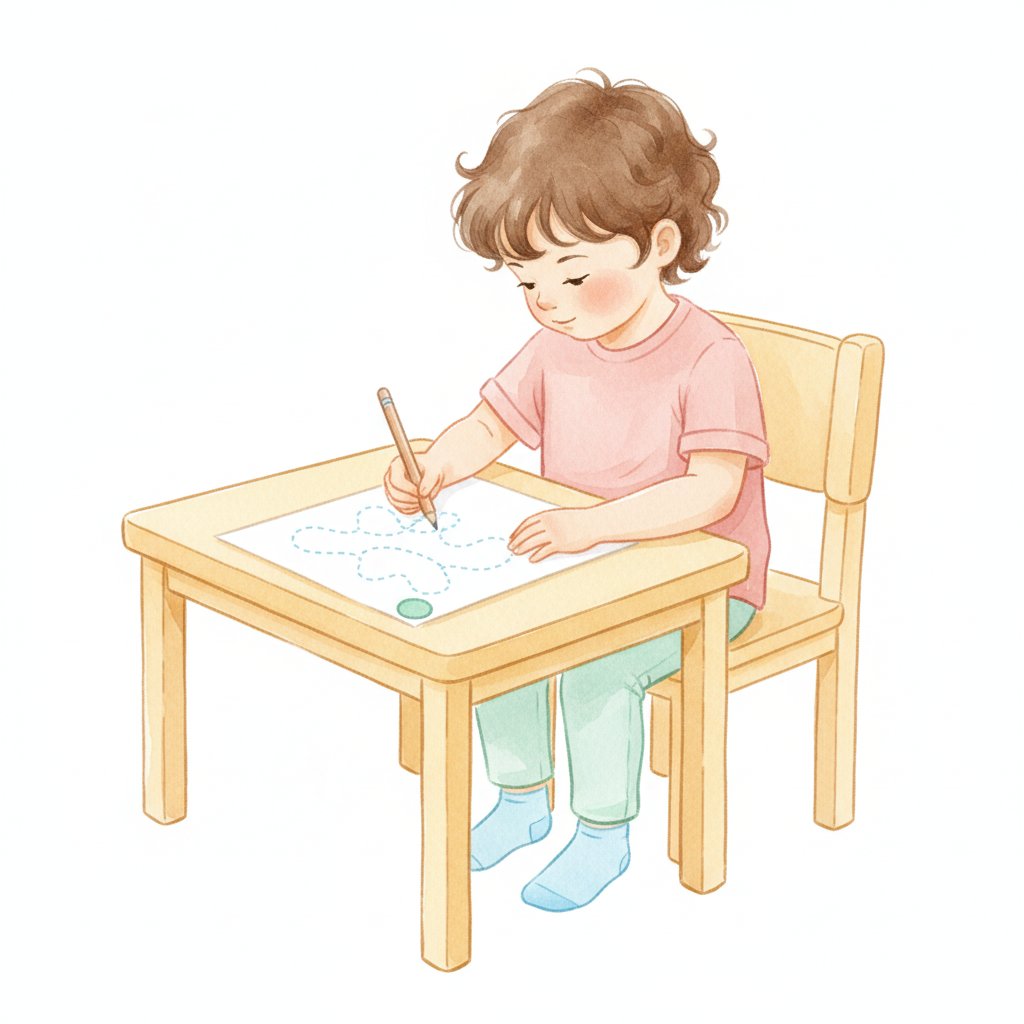 A child carefully tracing dotted lines on paper with a pencil