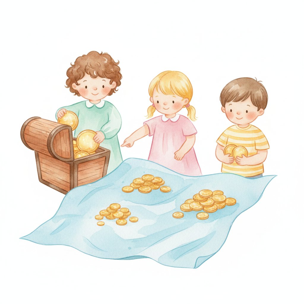 Children counting gold coins into a treasure chest and sorting them