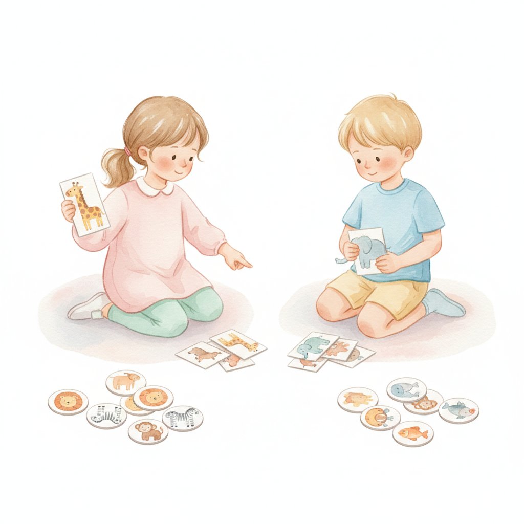 Children sorting animal picture cards into piles