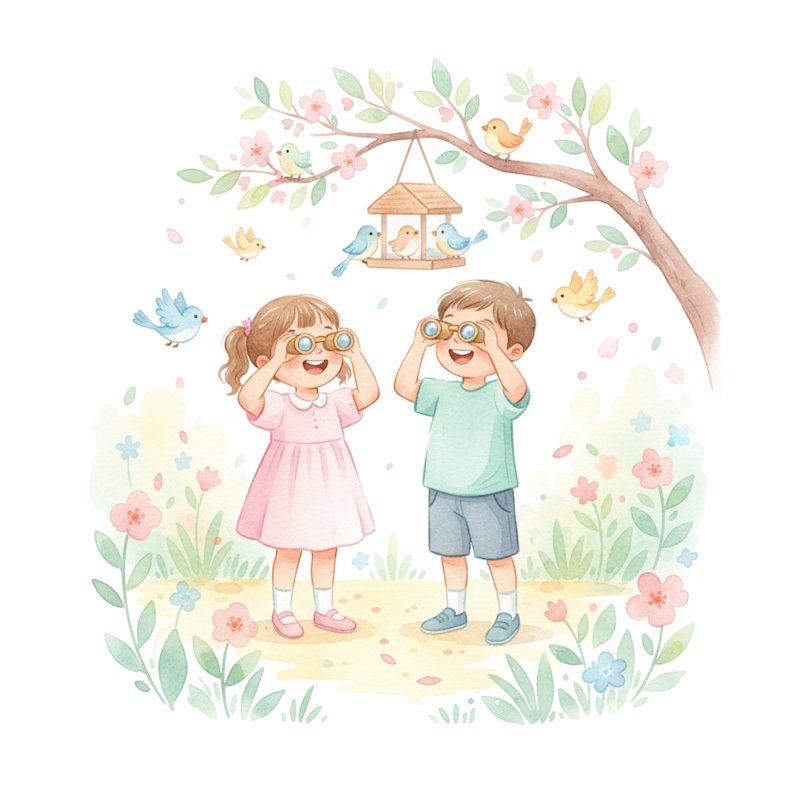 Children birdwatching in a sunny garden with a bird feeder