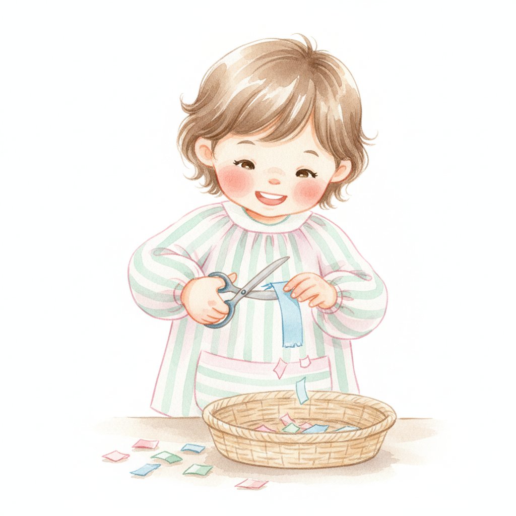 Preschooler snipping a paper strip into a basket with safety scissors