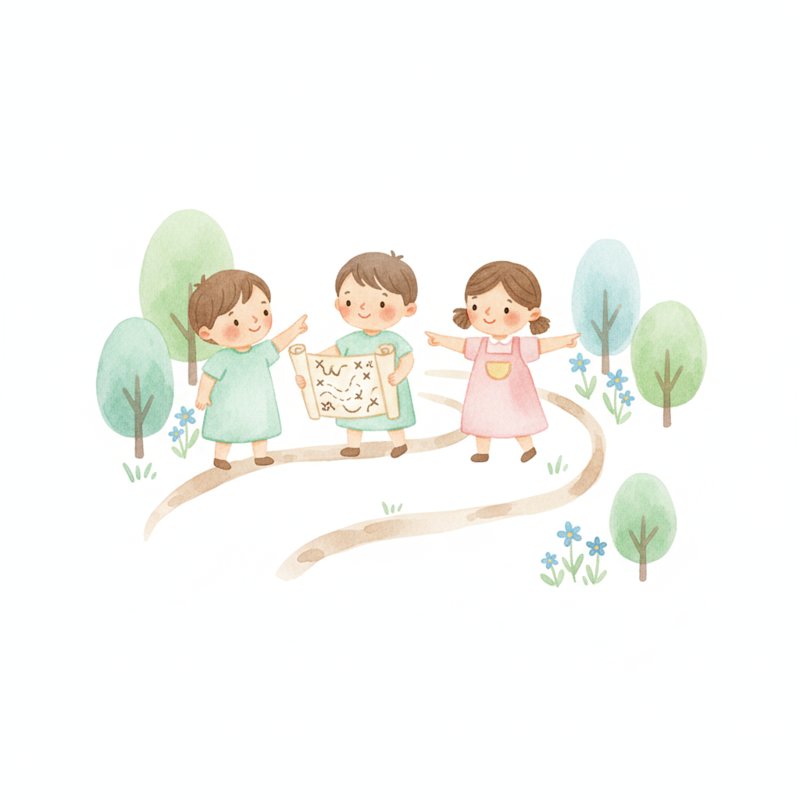 Cheerful preschoolers following a hand-drawn treasure map and pointing directions