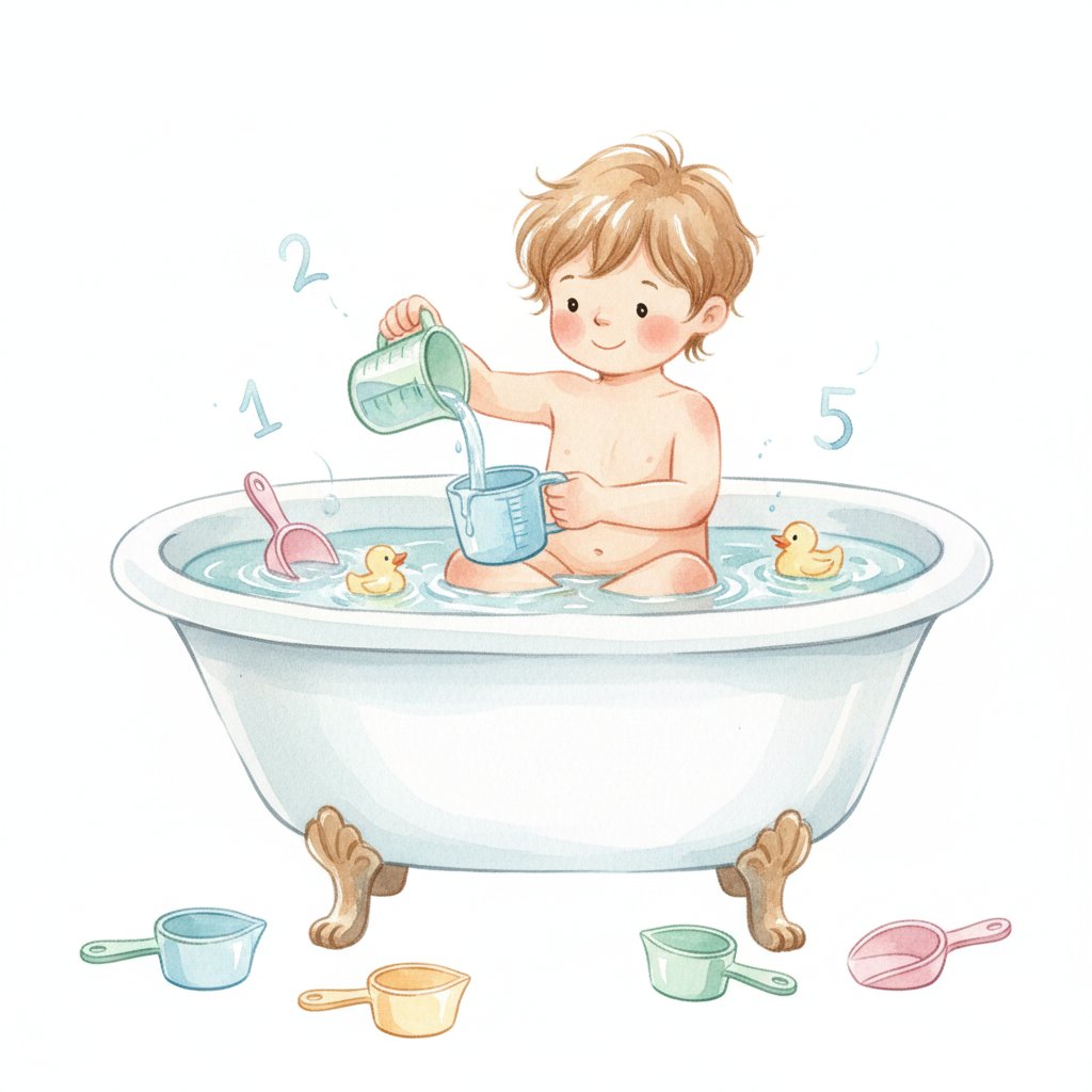 Child pouring water between measuring cups in the bath, counting and comparing
