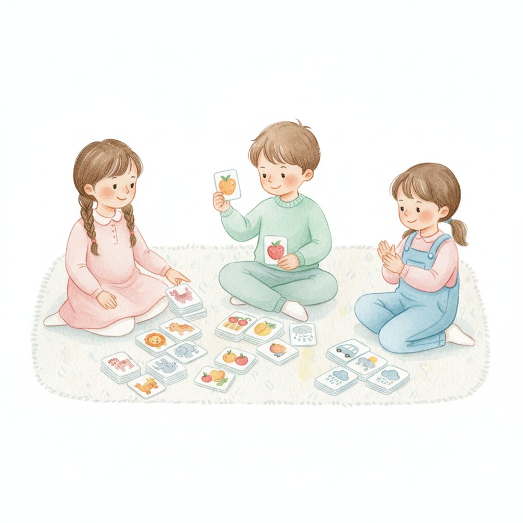 Young children sorting picture cards into neat piles by category on the floor, soft watercolor
