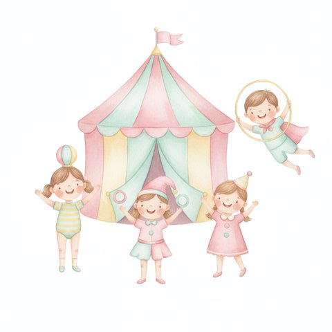 cheerful young children playing circus performers with a colorful big-top tent