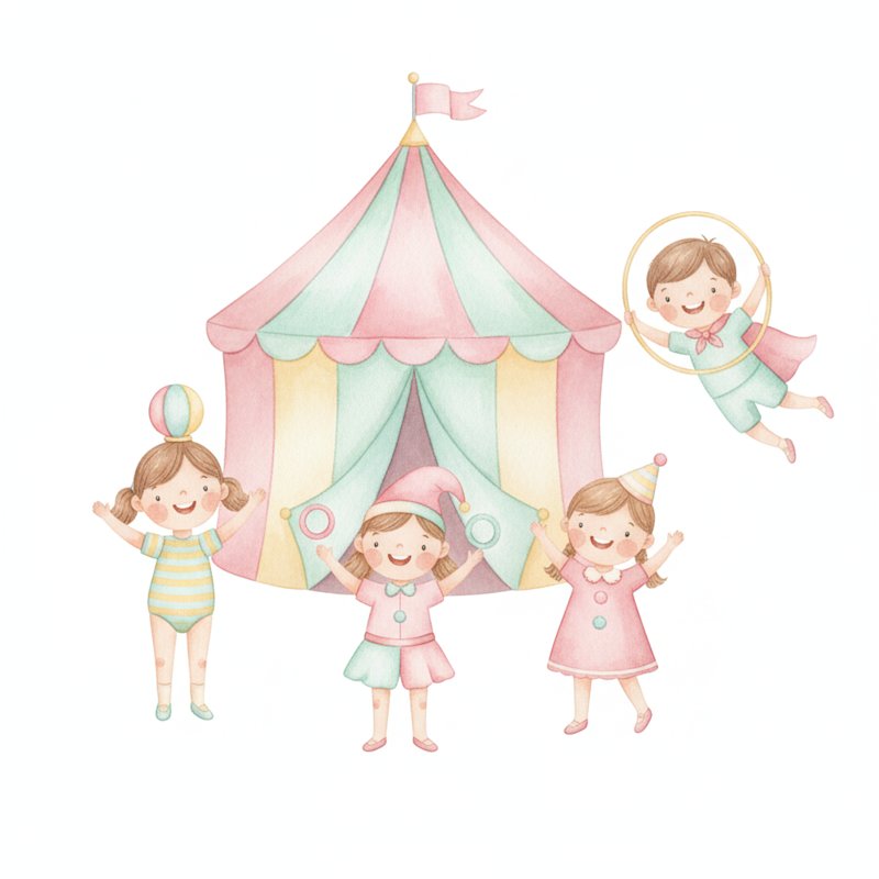 cheerful young children playing circus performers with a colorful big-top tent
