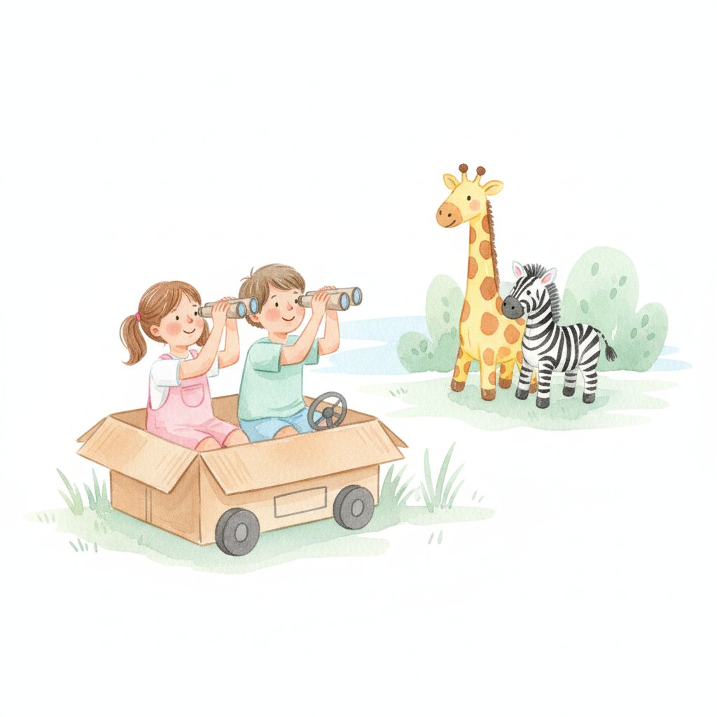 Children in a cardboard safari jeep looking through binoculars