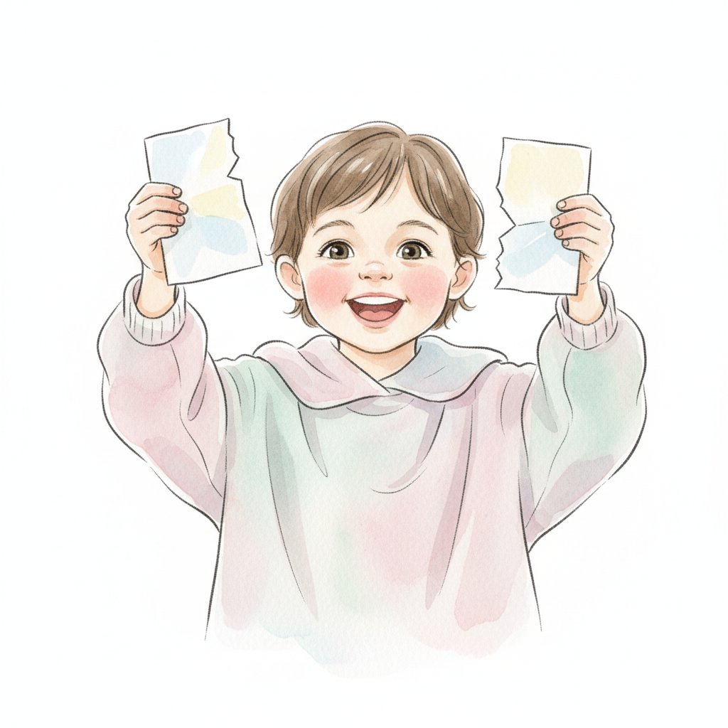 A delighted young child holding up two pieces of paper they just snipped apart, beaming with pride