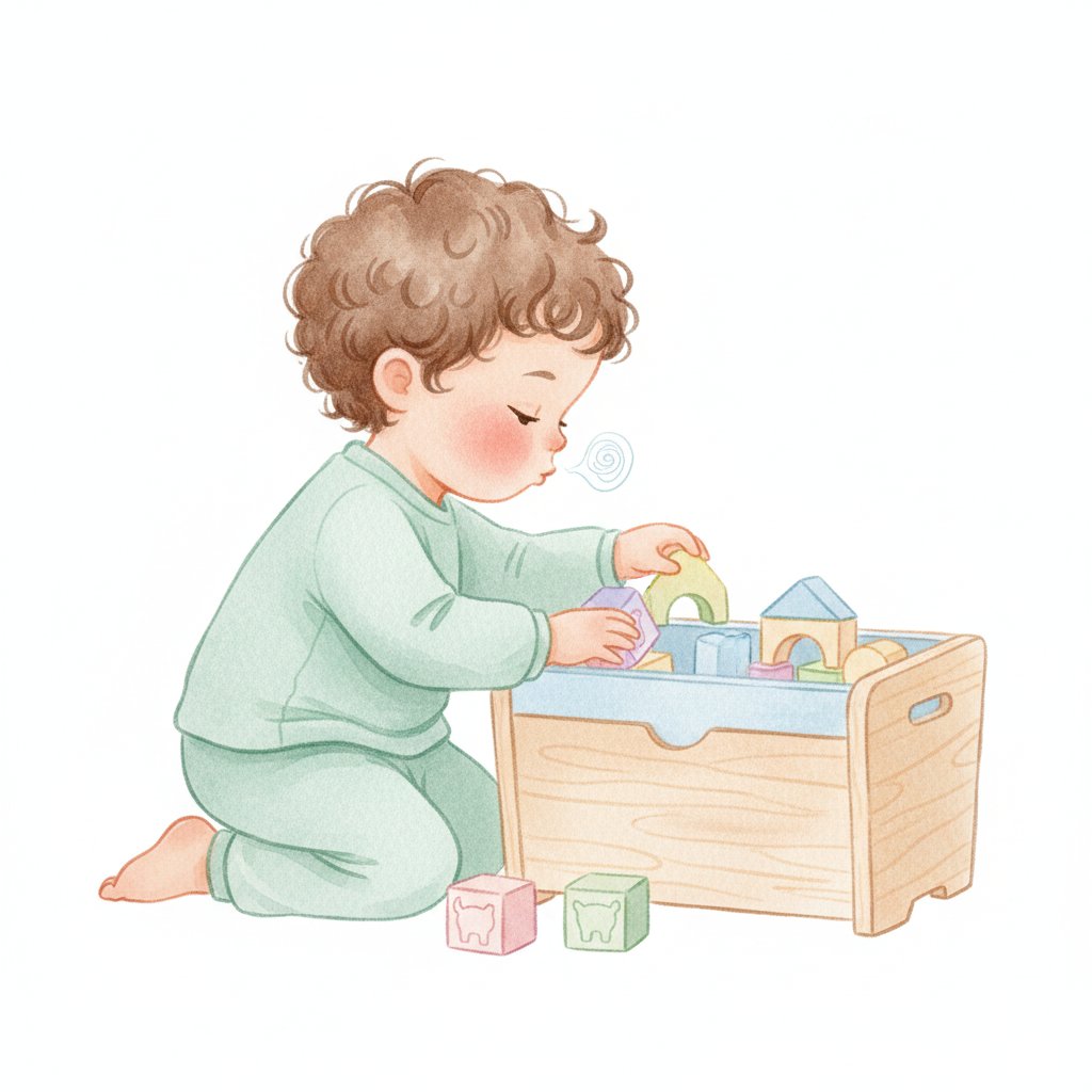 Toddler tucking blocks into a toy bin as if putting them to sleep