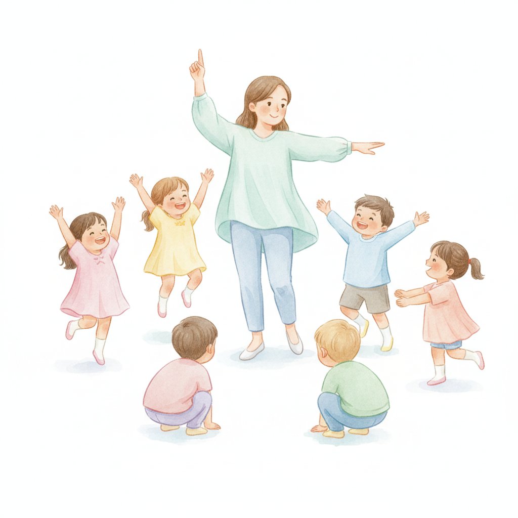 A teacher giving instructions while young children follow a movement direction game