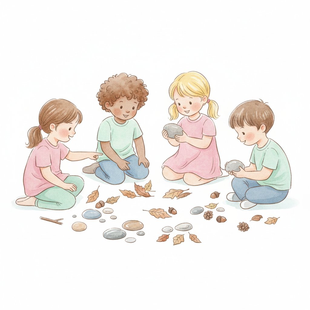 Cheerful young children sorting and examining found objects into groups during a learning scavenger hunt