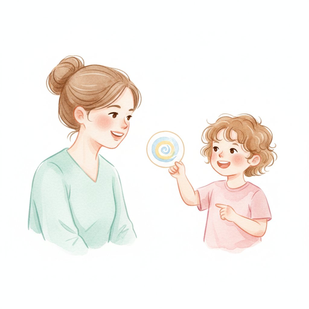 Child proudly pointing at the first letter of their name on a card