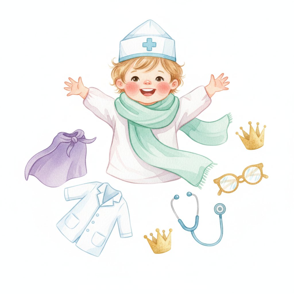 A toddler dressing up in a hat and scarf for pretend role play