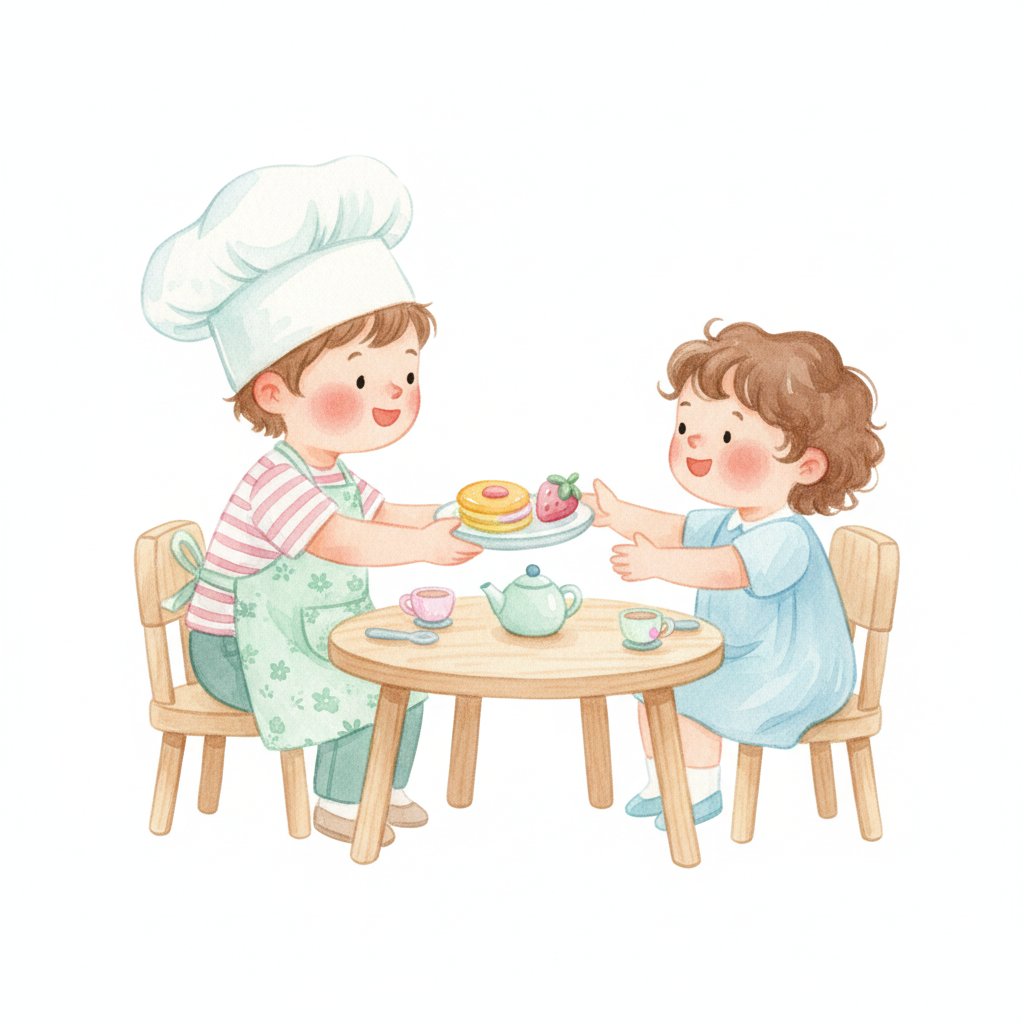 Watercolor illustration of a child in a chef hat serving pretend food at a play restaurant
