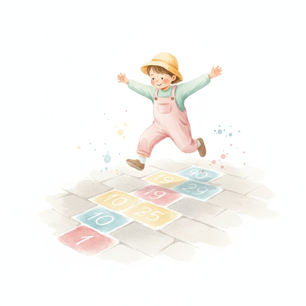 Child hopping across chalk hopscotch squares outdoors