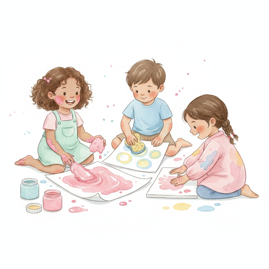 Children finger painting and sponge stamping with bright tempera paint