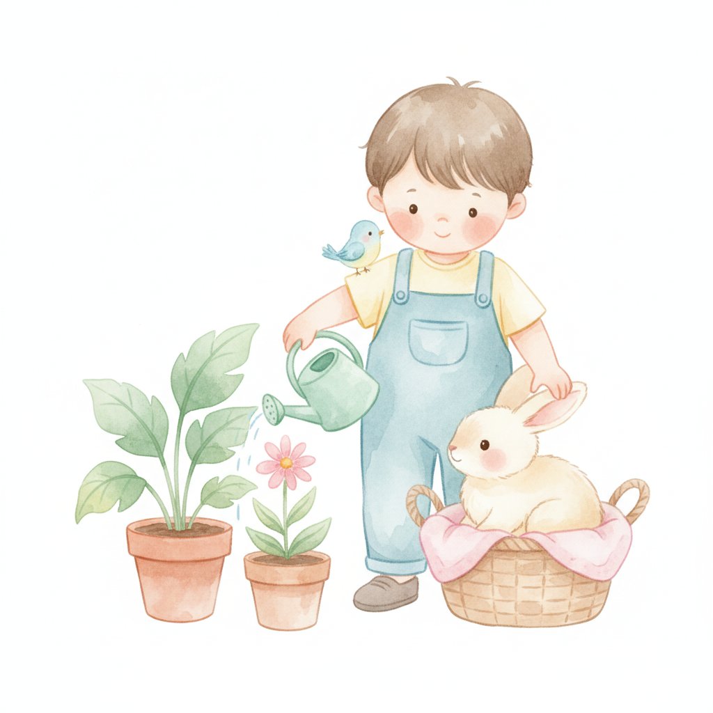 A young child watering plants and caring for a small pet