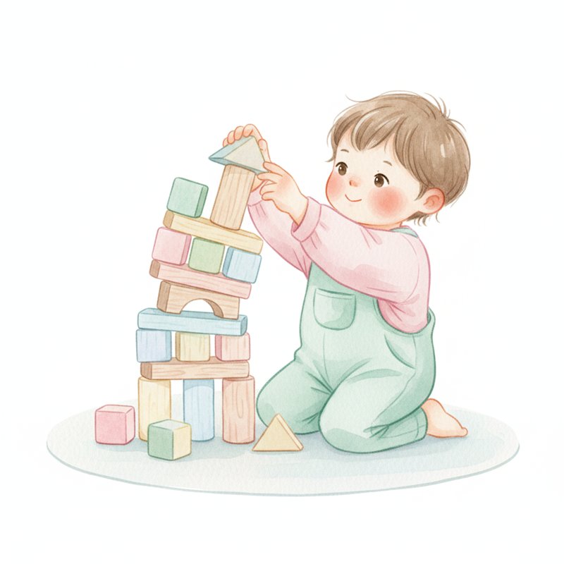 Watercolor illustration of a child joyfully stacking a tall tower of blocks with determination