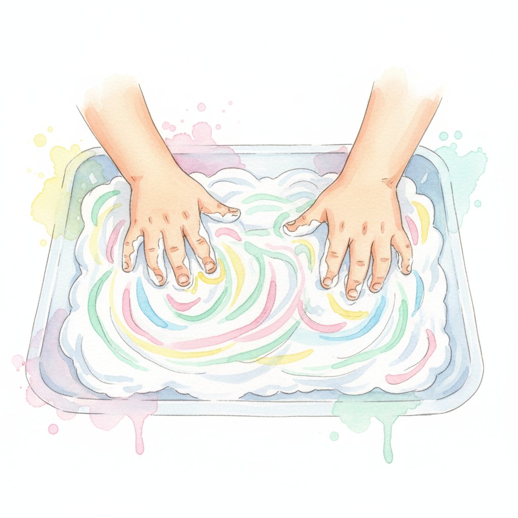A child making swirls in fluffy shaving cream