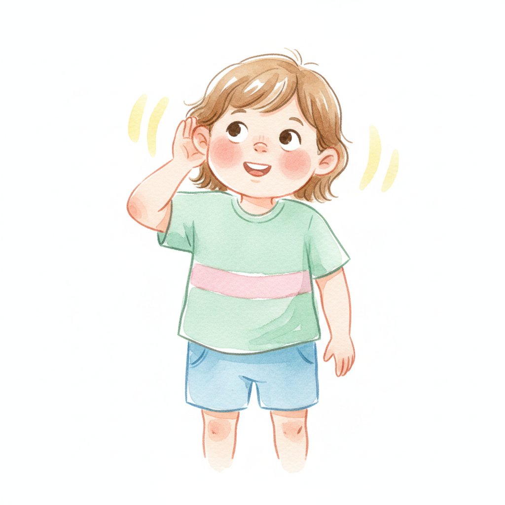 A young child cupping a hand to one ear, listening closely to the sounds in words