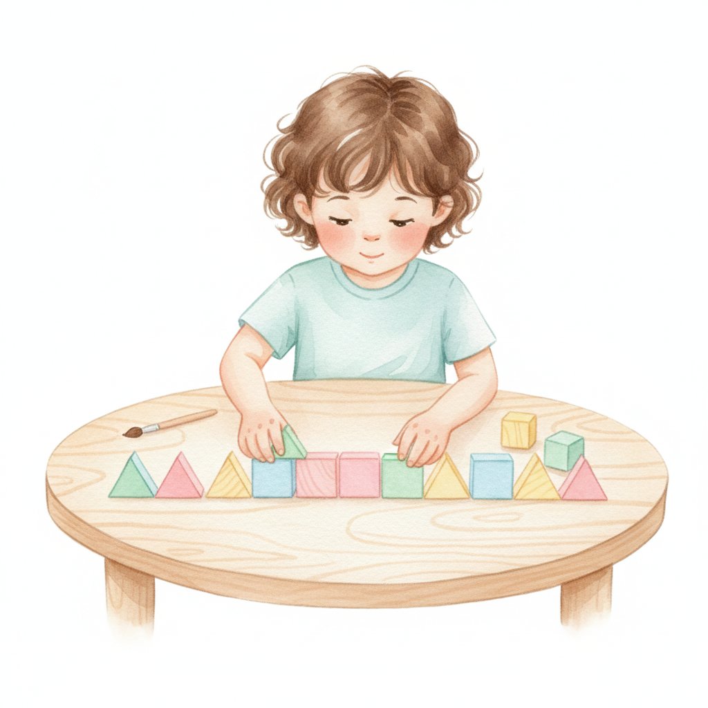 Watercolor illustration of a child arranging geometric pattern blocks into a repeating triangle and square border