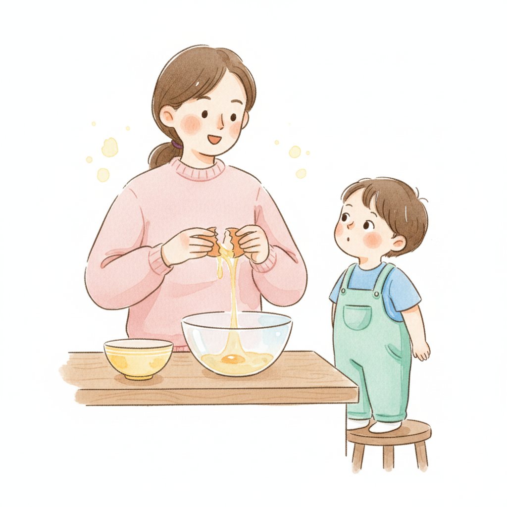 A parent narrating while cracking an egg as a child watches