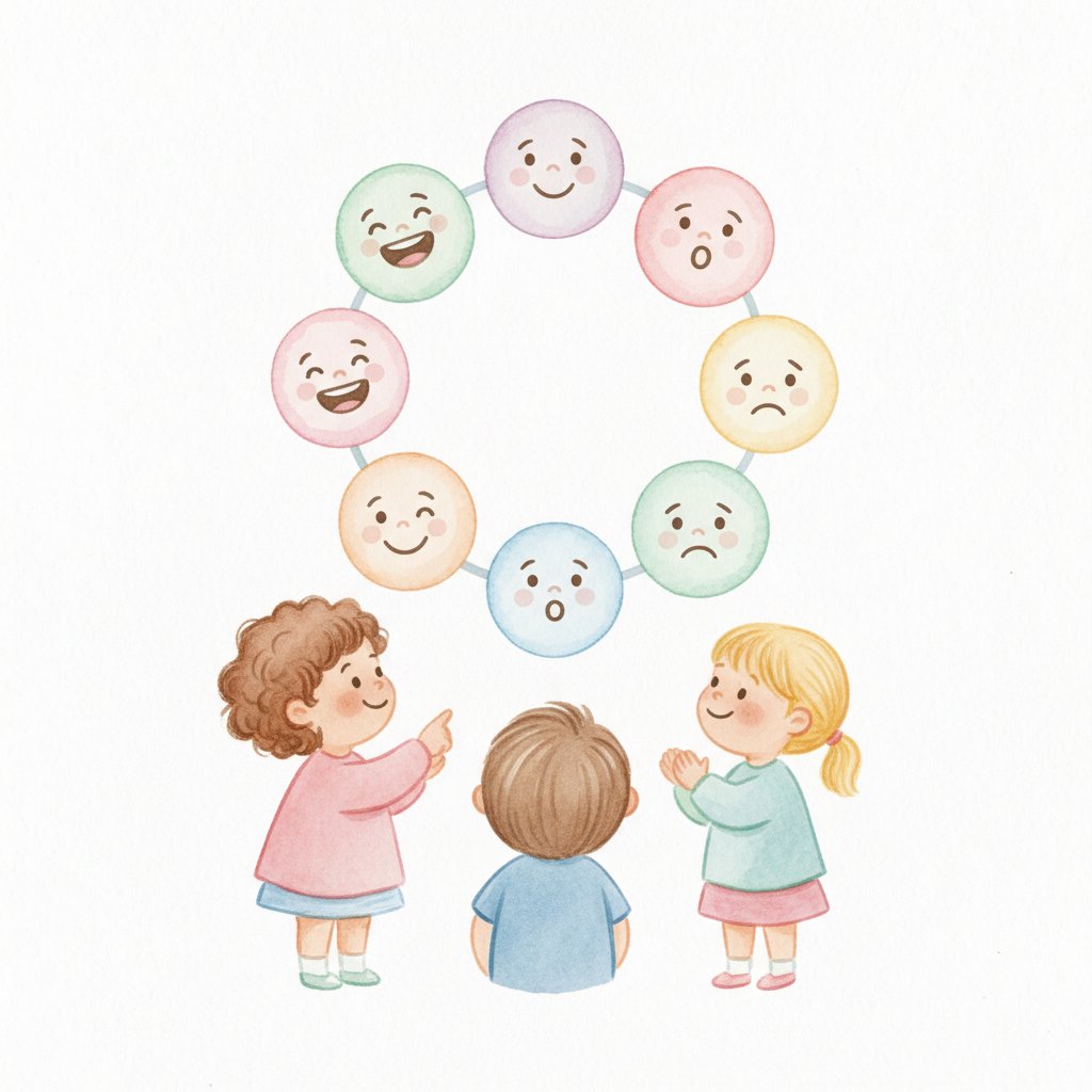A watercolor illustration of a cheerful feelings chart with friendly emotion faces and children gathered around