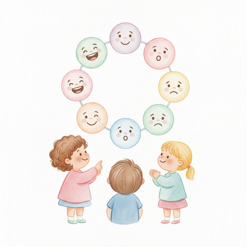 A cheerful feelings chart with friendly emotion faces and children gathered around, soft watercolor