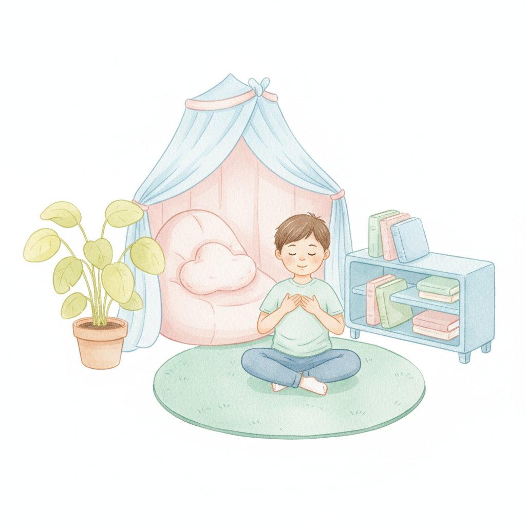 a child taking slow calming breaths in a quiet cozy classroom corner