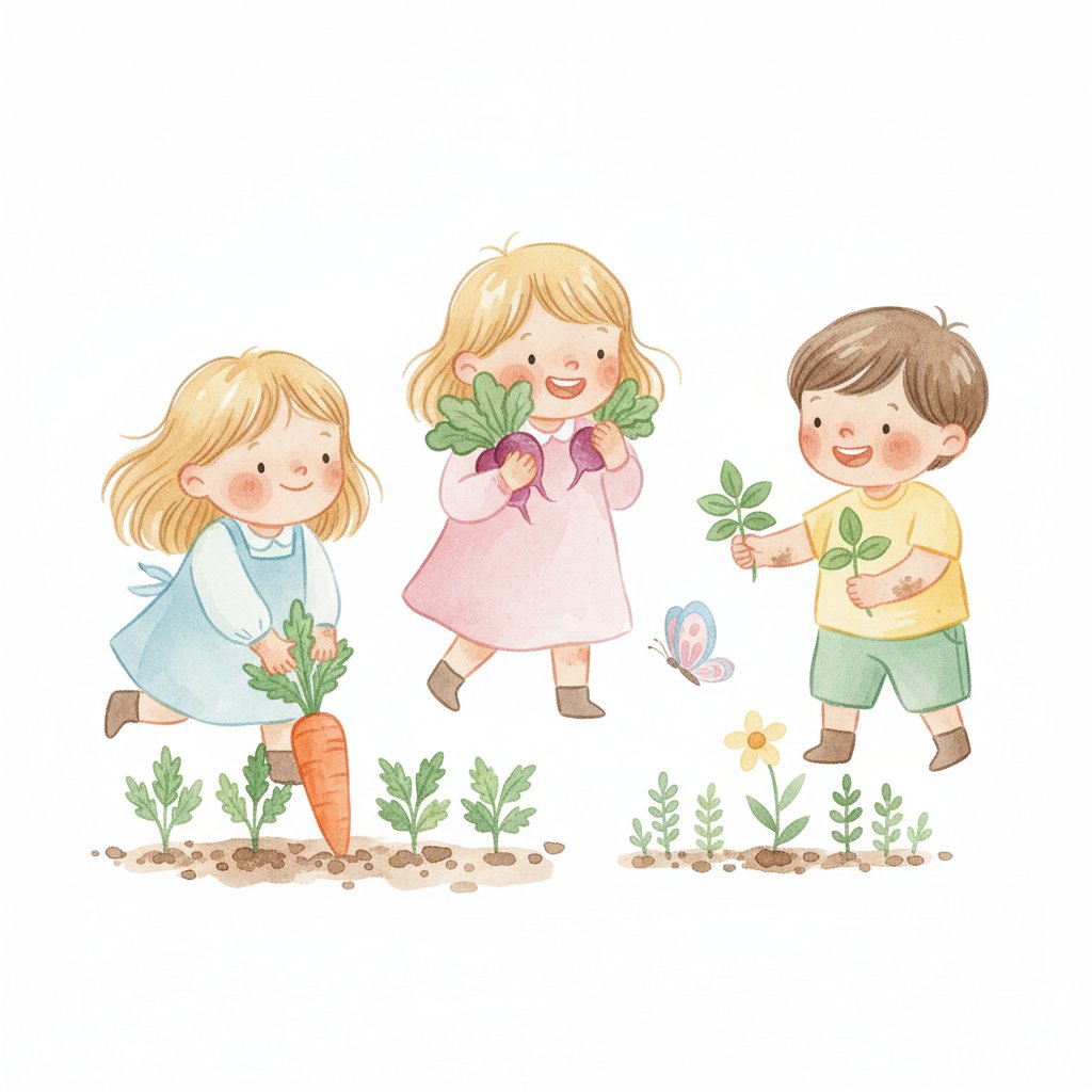 Watercolor of children harvesting and tasting vegetables they grew