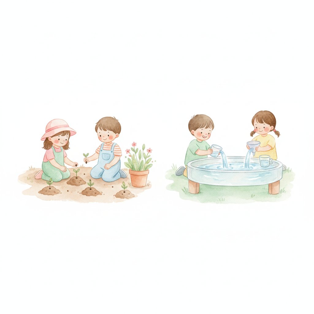 Watercolor of children planting seeds and playing with water in a garden