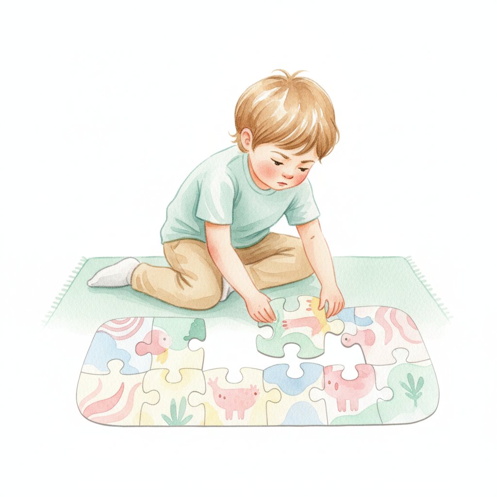 Watercolor illustration of a young child concentrating on a large jigsaw puzzle on the floor
