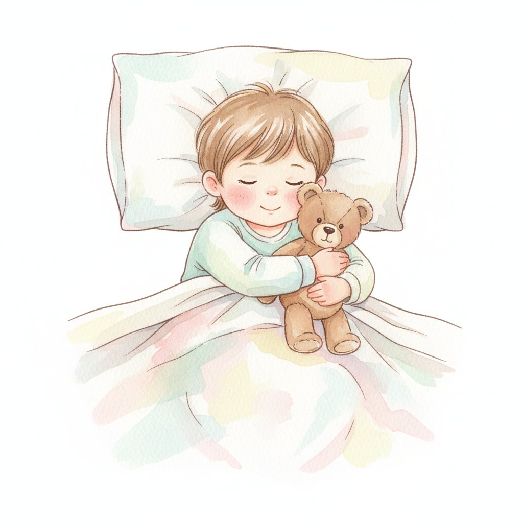 Watercolor illustration of a child cozy in bed at bedtime hugging a teddy bear