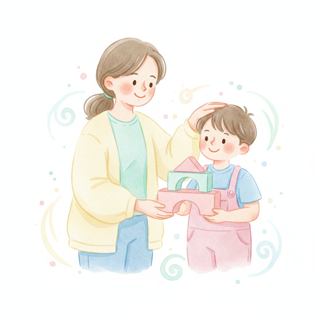 a teacher warmly praising a helpful smiling preschooler